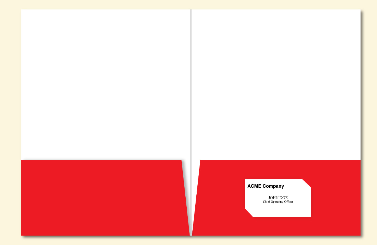 Presentation folder featuring business card slits with two cuts - top right and bottom left