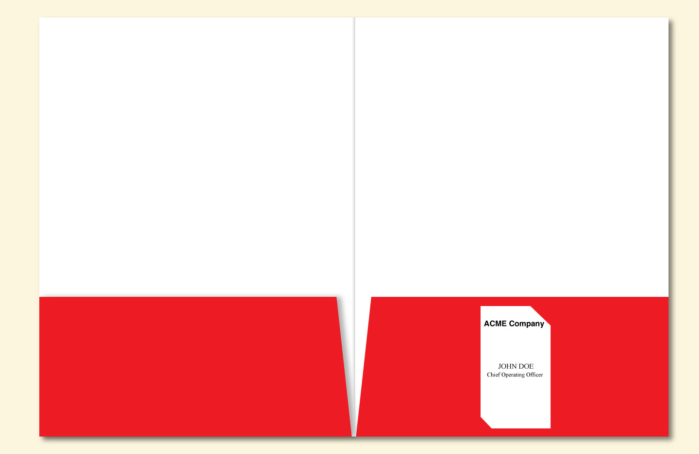 Presentation folder featuring business card slits with cuts two cuts to hold a vertically oriented card.