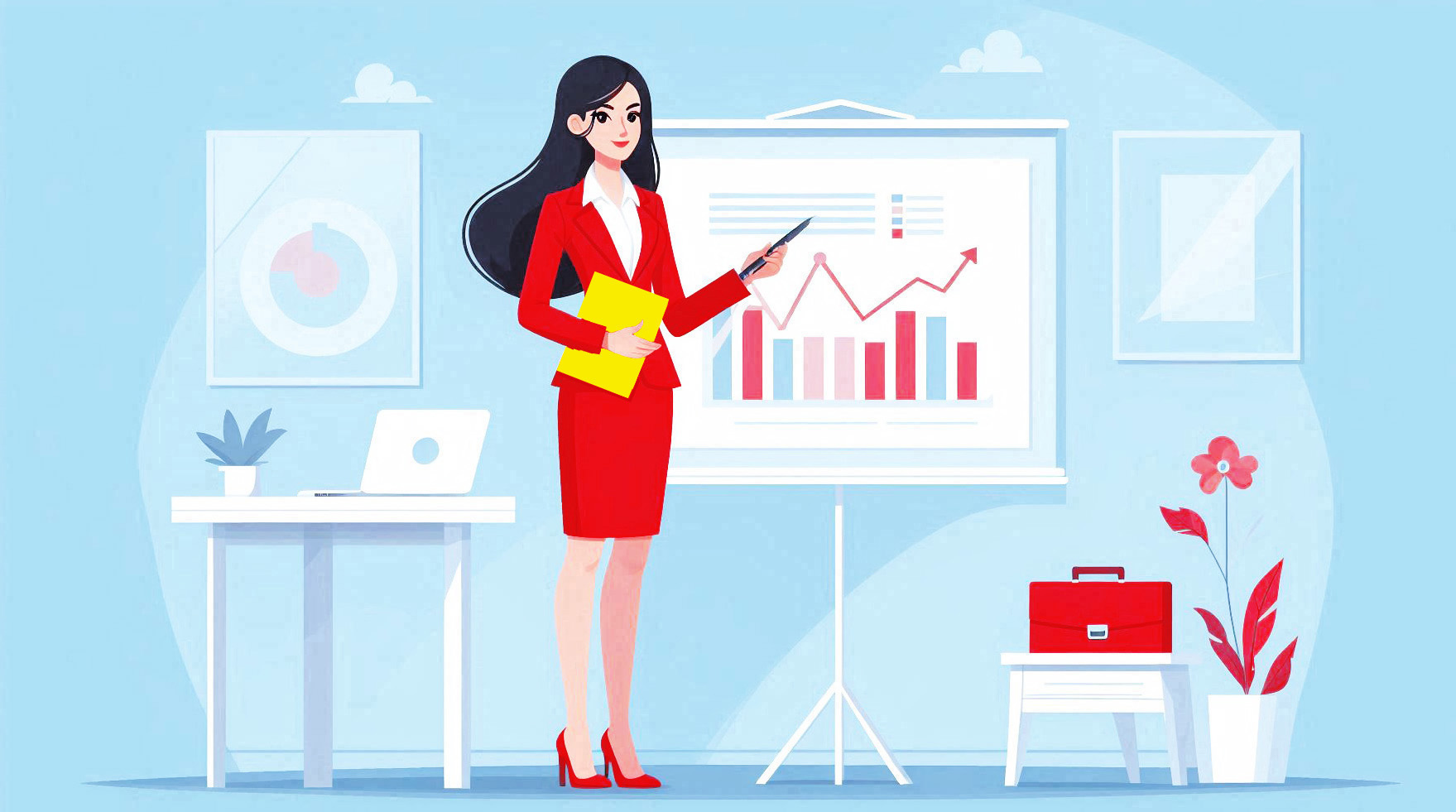 Illustration showing a woman giving a business proposal presentation