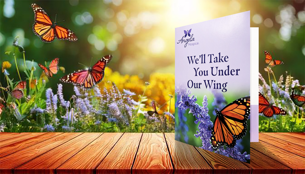 Cover of Angela Hospice Home Care folder superimposed against a garden image